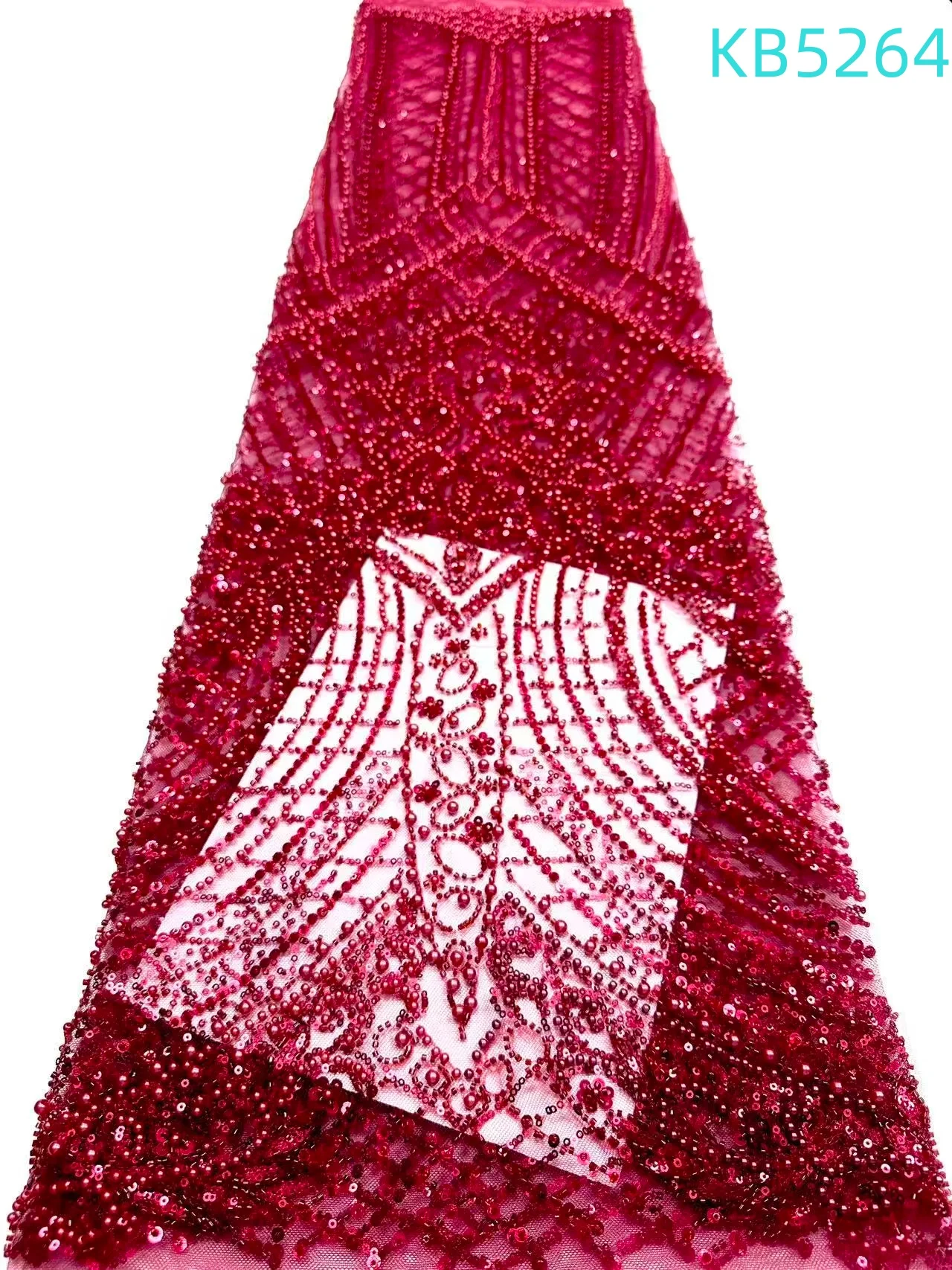 

Африканская кружевная ткань с красными пайетками и вышивкой бисером, нигерийская ткань 2026, высококачественная французская тюлевая кружевная ткань для шитья KB5264