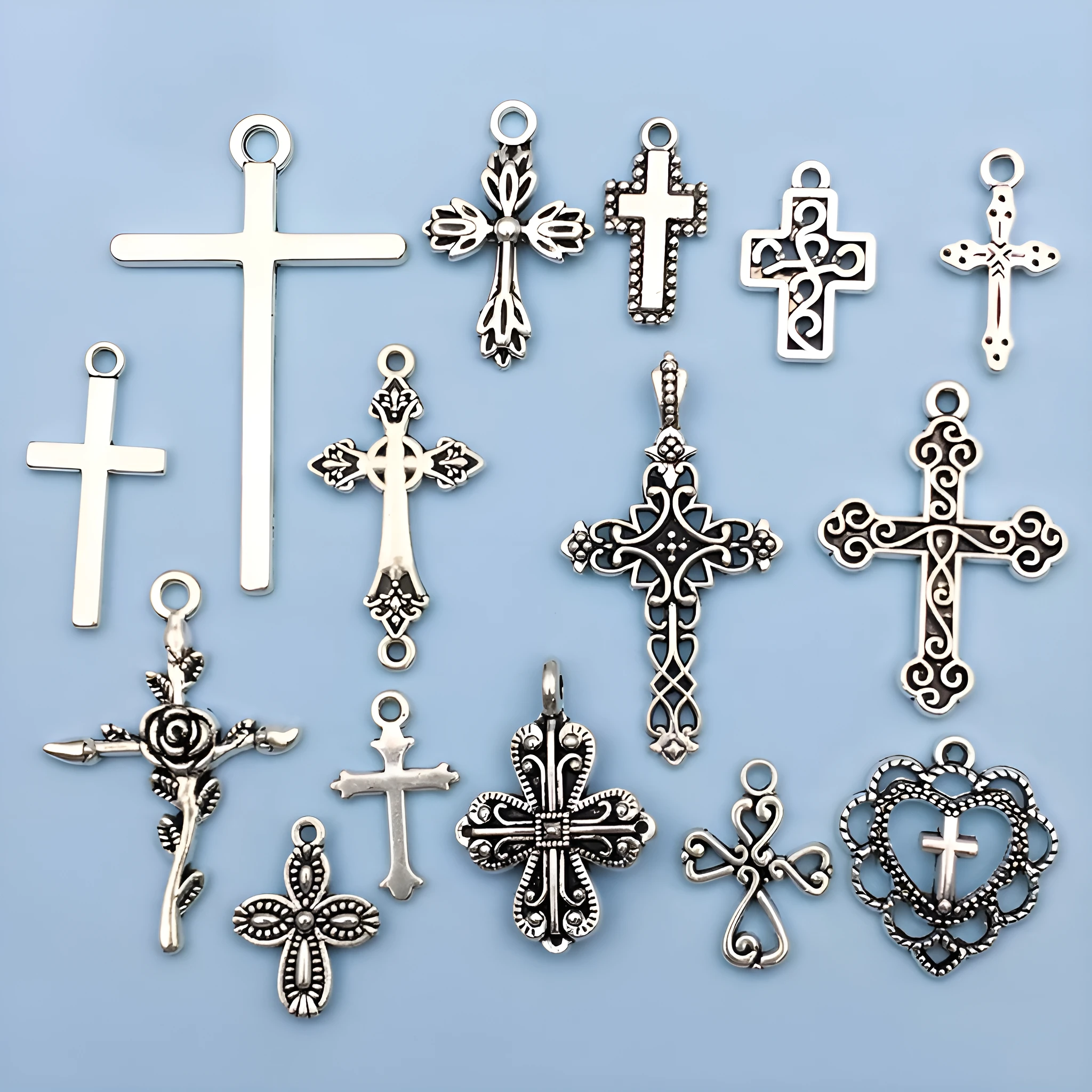 

15pcs antique silver Cross Set Halloween Christmas Pendant DIY jewelry making with charm, back-to-school season fashion accessor