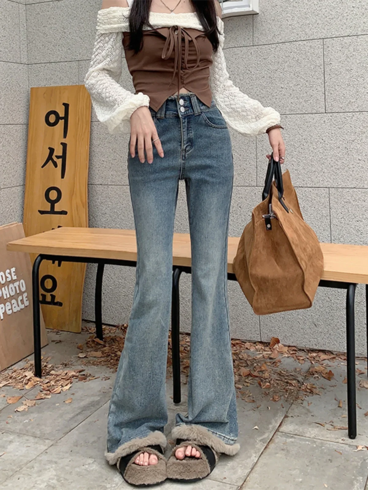 

2024 Women's Spring Autumn Retro High Waist Stitching Jeans Female Long Denim Mopping Trousers Ladies Slim Fit Flare Pants S699