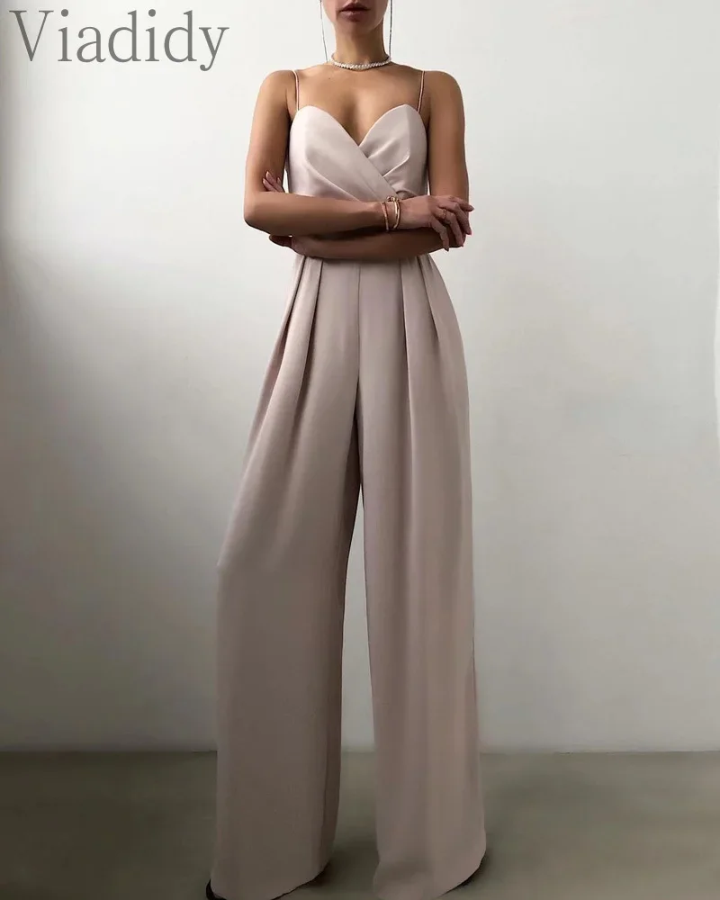 สีทึบสบายๆสปาเก็ตตี้Jumpsuitsผู้หญิงSlimแขนกุดBackless Romper