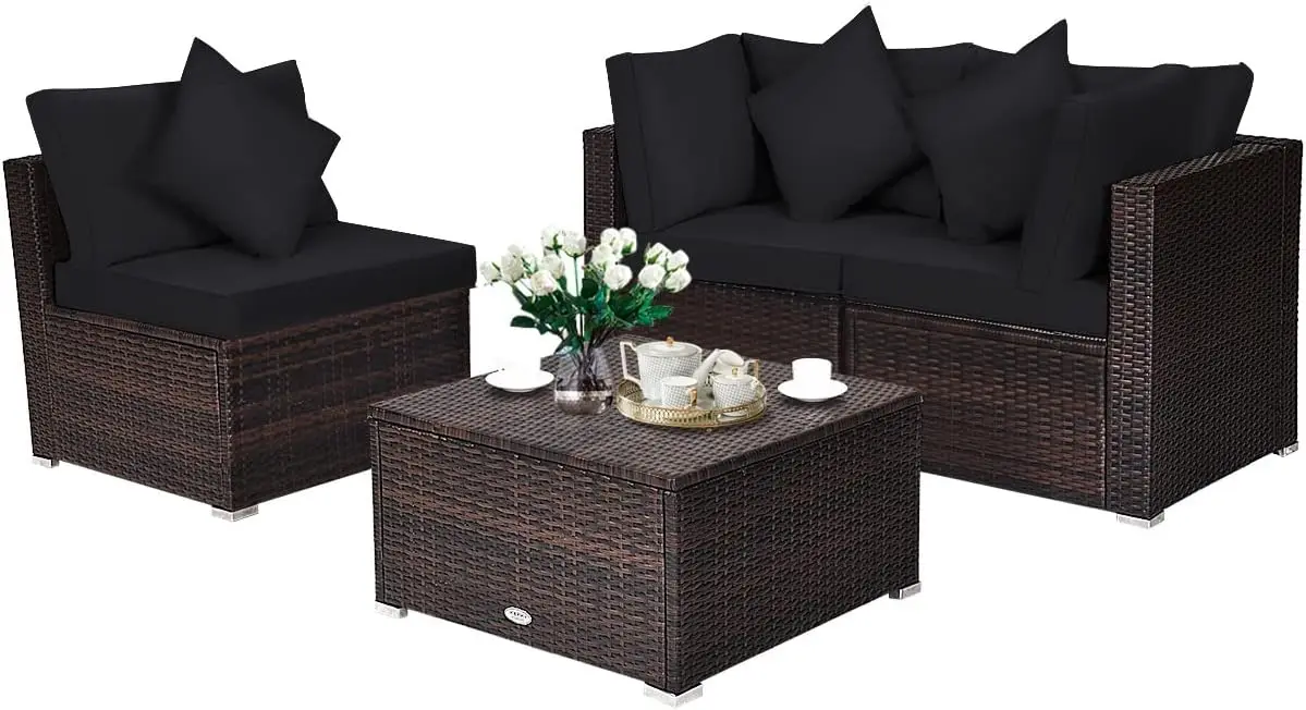 

4-Piece Patio Conversation Set Outdoor Wicker Sofa Set, Modern Sectional Couch Set with Washable Cushions & Pillows, All Weather