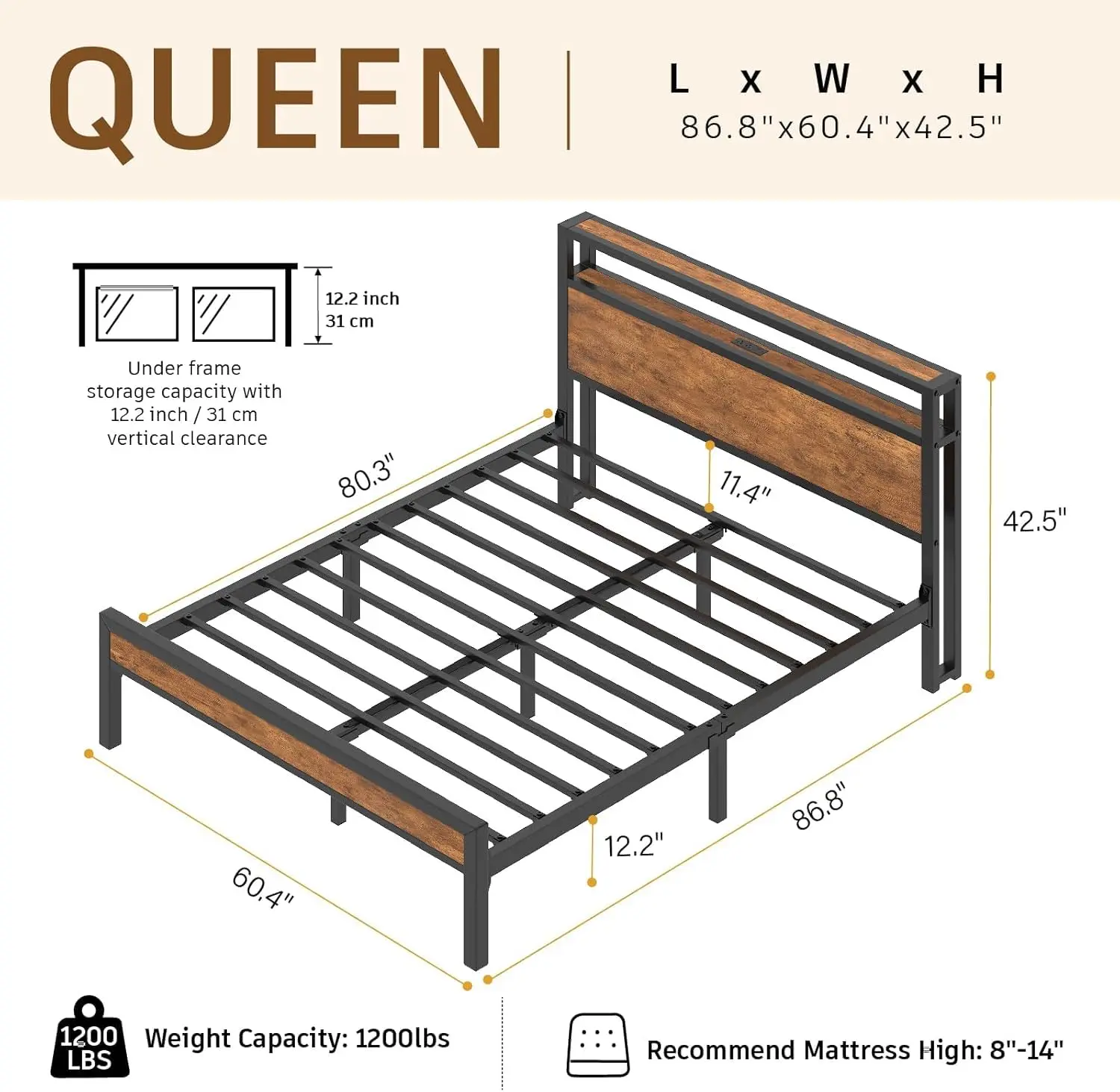 Queen Bed Frame LED & Charging Station Industrial Metal Platform Wood Headboard 2-Tier Shelves No Box Spring, Customized