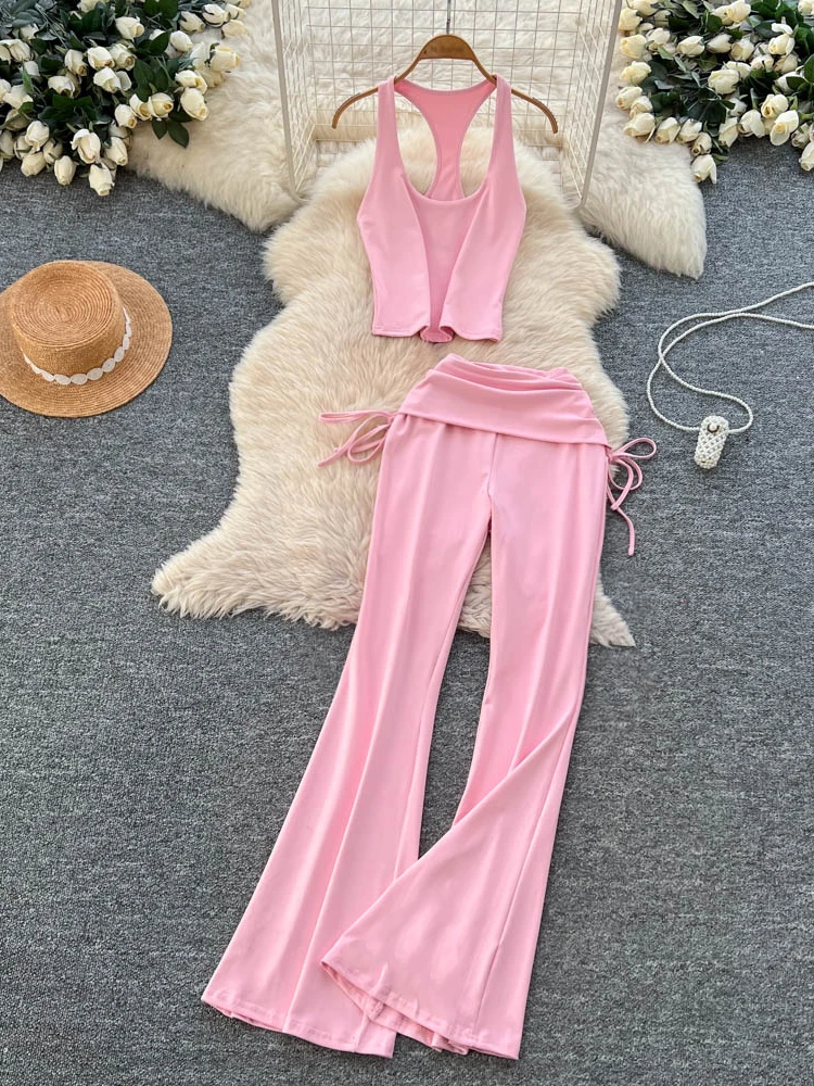 

Foamlina Women's Pink Casual Athletic 2-Piece Set Fashion O Neck Sleeveless Crop Vest Top and Drawstring Ruched Flare Pants Suit