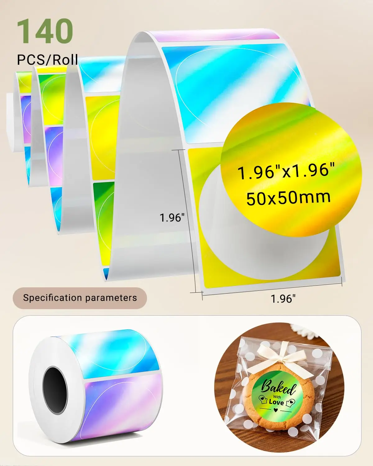 Phomemo 2 Inch Holographic Circle Thermal Labels Self-Adhesive Thermal Stickers for M110 M100 M220 M108 M221 Label Makers, 140pc