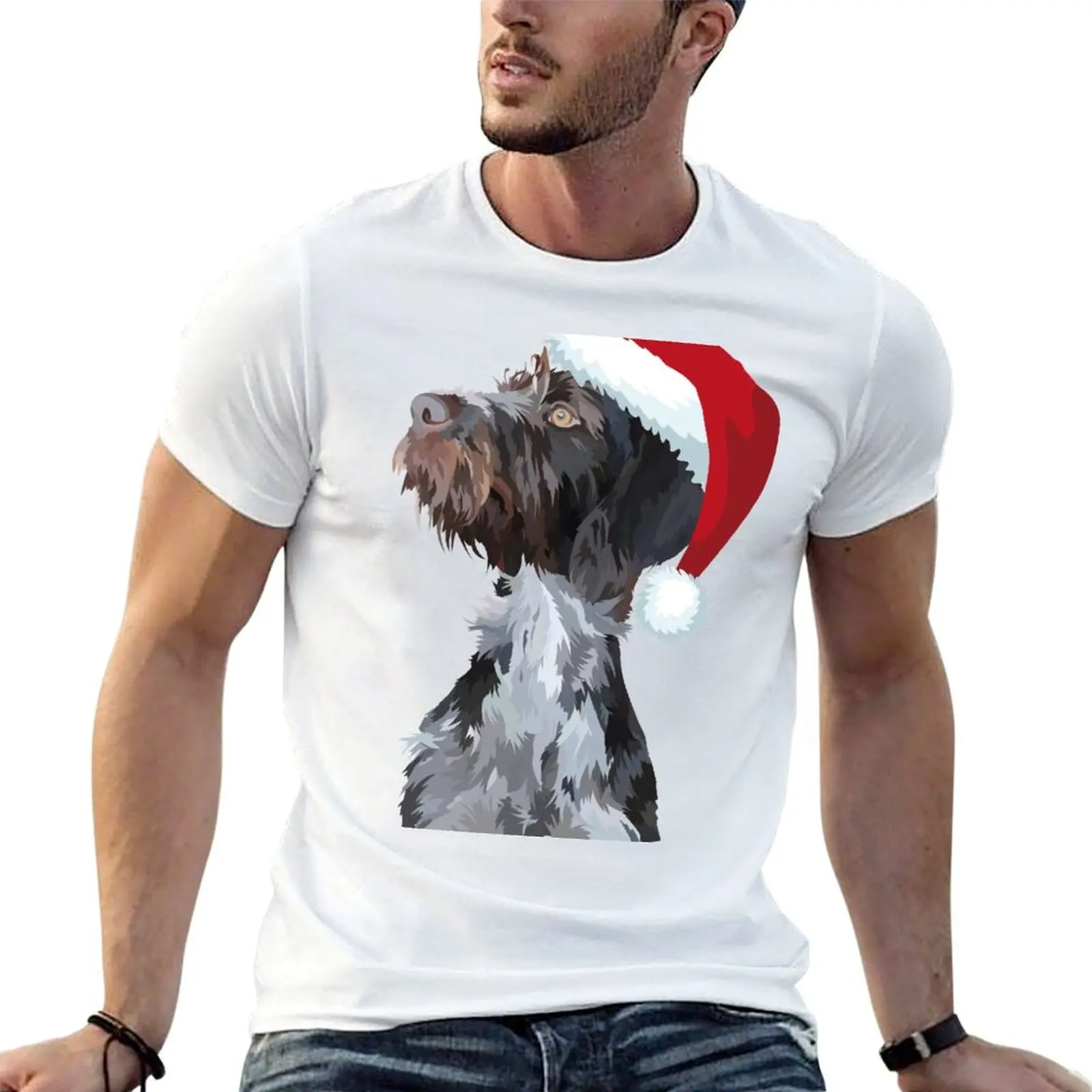 Christmas Wire Haired Pointer T-Shirt Basic Plain Short Sleeve Crew Neck Tee