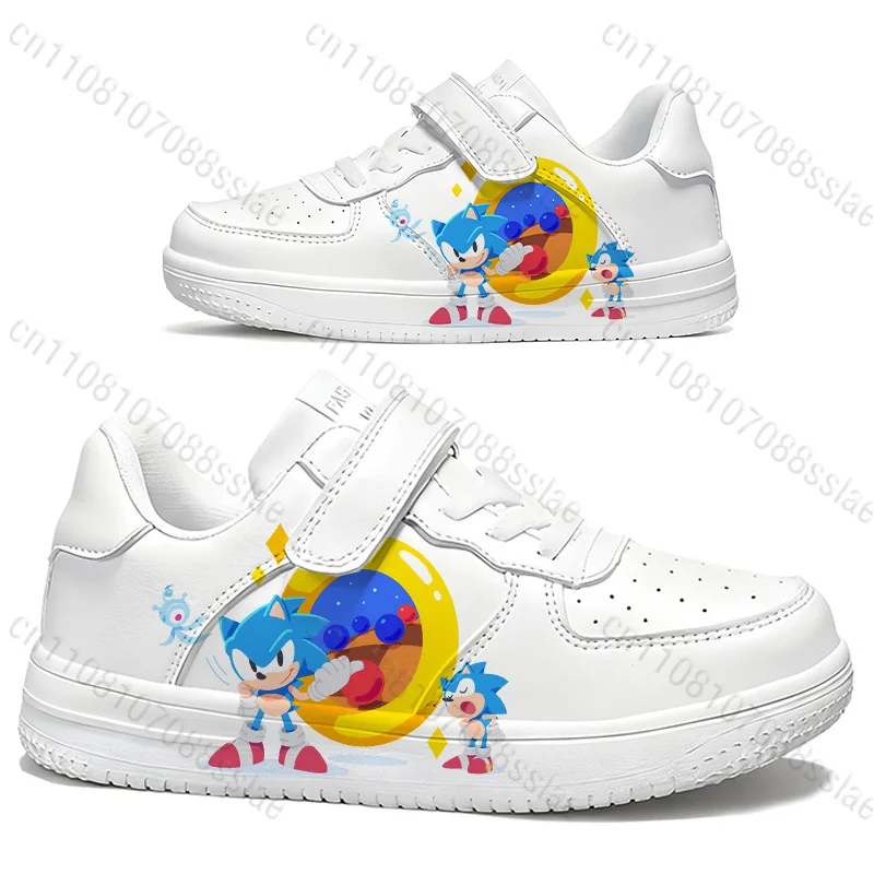 S-Sonics Cartoon Hedgehog Print Kids White Sneakers Lace Up Light Breathable Campus Wear for Boys Girls Flat Shoes Outdoor