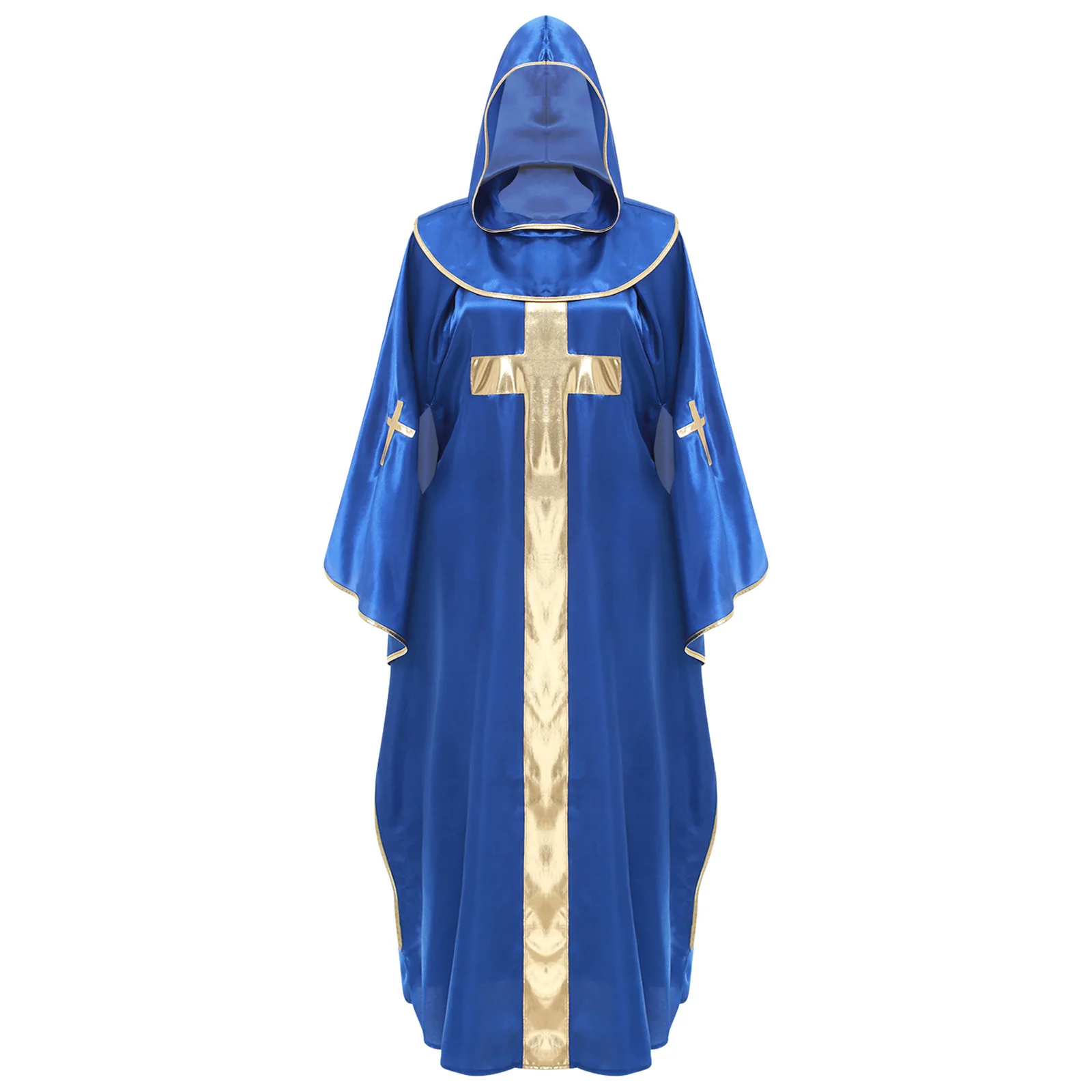 

Unisex Womens Mens Halloween Priest Cosplay Hooded Robe Metallic Shiny Trim Front Gold Cross Pullover Pastor Vestments Cape