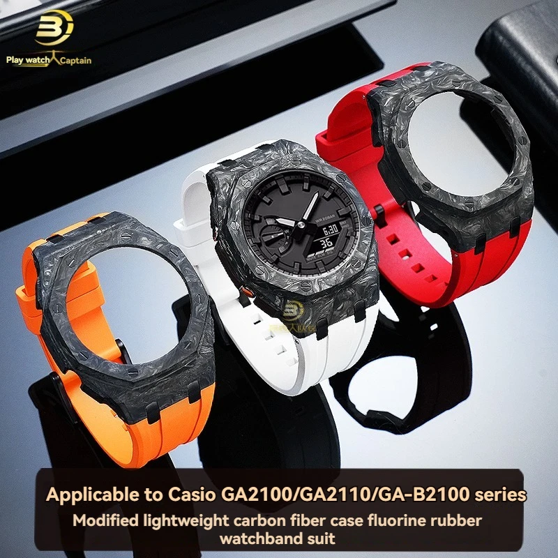 For Casio Farmhouse Oak GA2100/2110/GA-B2100 Modified Composite Lightweight Carbon Fiber Case Fluororubber Strap Set Accessories