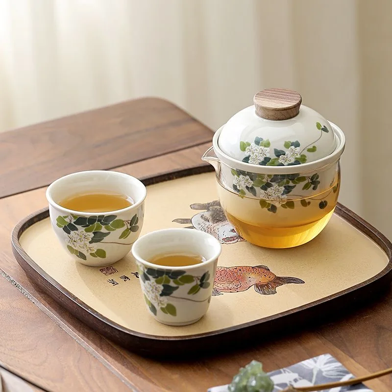 

1 Teapot, 2 Cups Ceramic Travel Tea Set Outdoor Hiking Camping Portable Tea Set Includes Cloth Pouch Hydrangea Kung Fu Tea Set