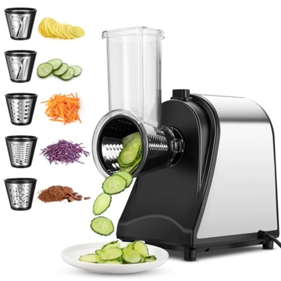 

250W Electric Cheese Grater Slicer Shredder Salad Maker with 5 Free Attachments in Ivory High-Speed Stainless Steel Cutting Bla