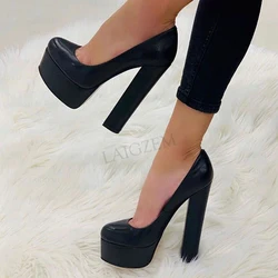 BERZIMER Women Pumps Slip On Platform Chunky High Heels Sandals Height Increase Faux Leather Shoes Woman Large Size 39 43 45 52