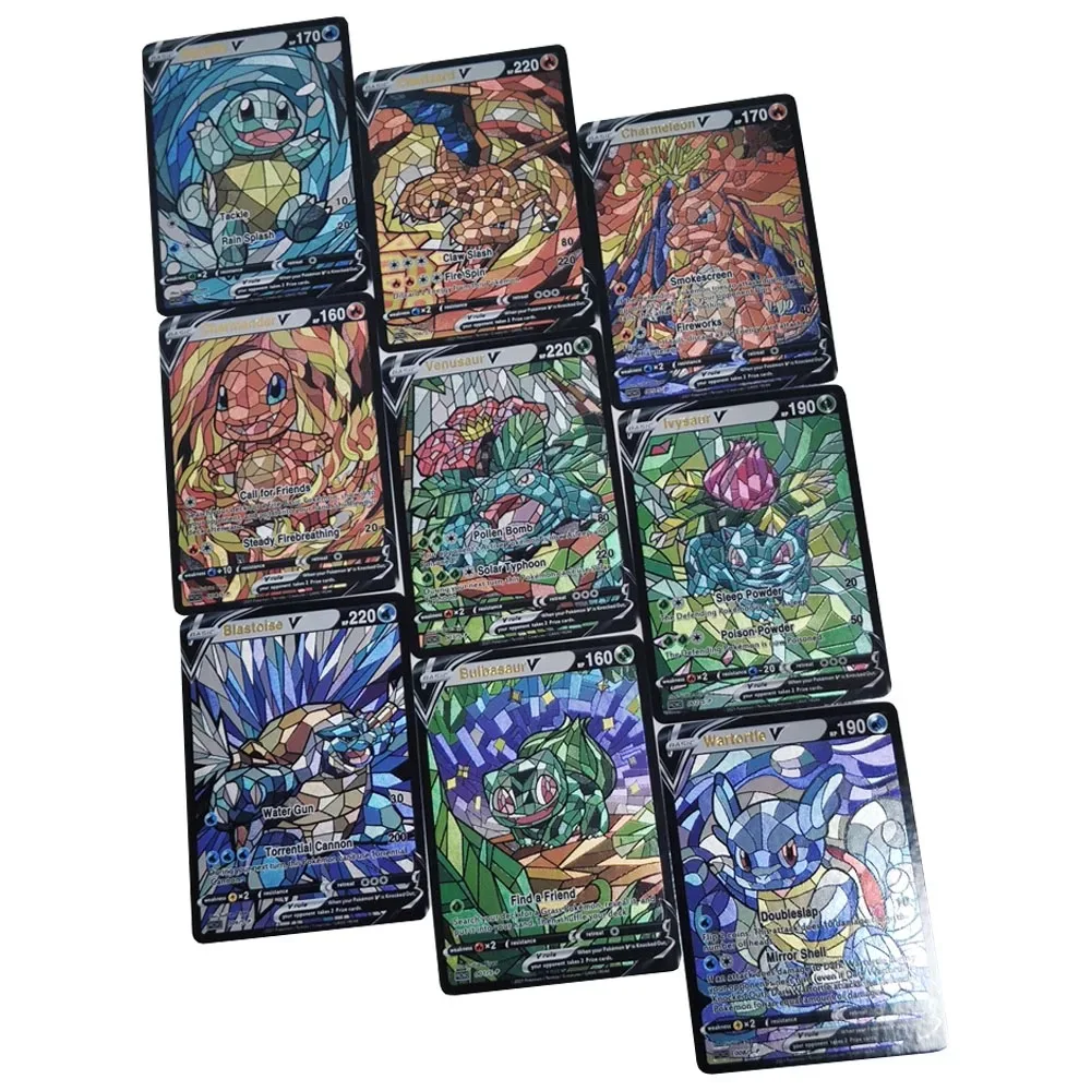 

9Pcs/set Ptcg Charizard Squirtle Bulbasaur Baroque Church Style Texture Flash Card Classic Anime Collection Cards Diy Gift Toy
