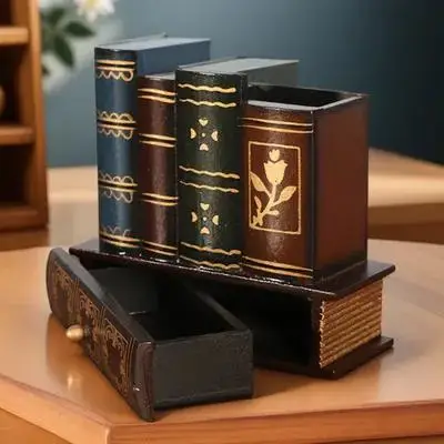 1Pcs Wooden Pen Holder Retro Style European Desktop Storage Box Drawer Multifunctional Pen Container for Home Office Study