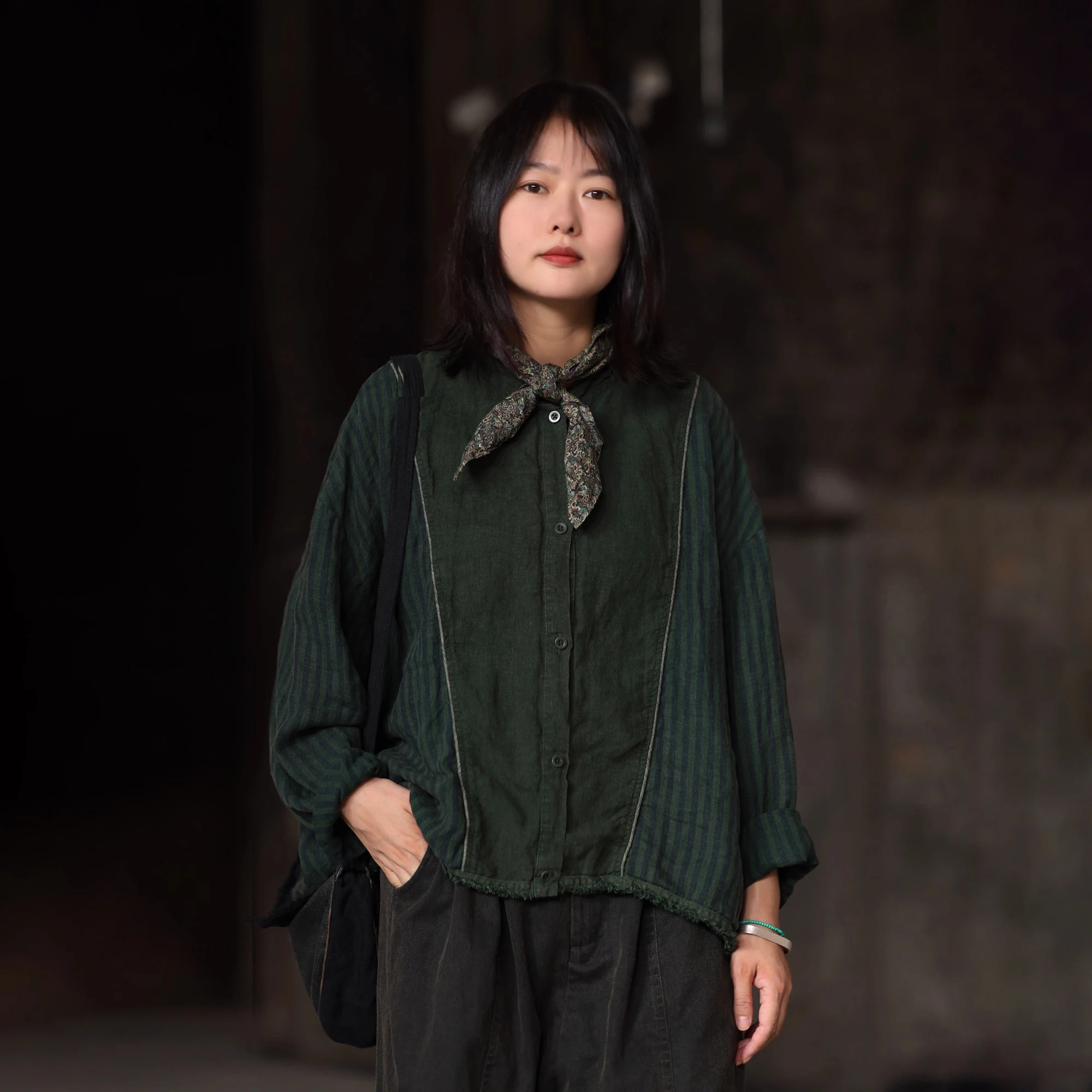 

Новая льняная полосатая блузка PengPeng Home для ранней осени, художественная, с длинными рукавами, женская, модная, дышащая, комфортная