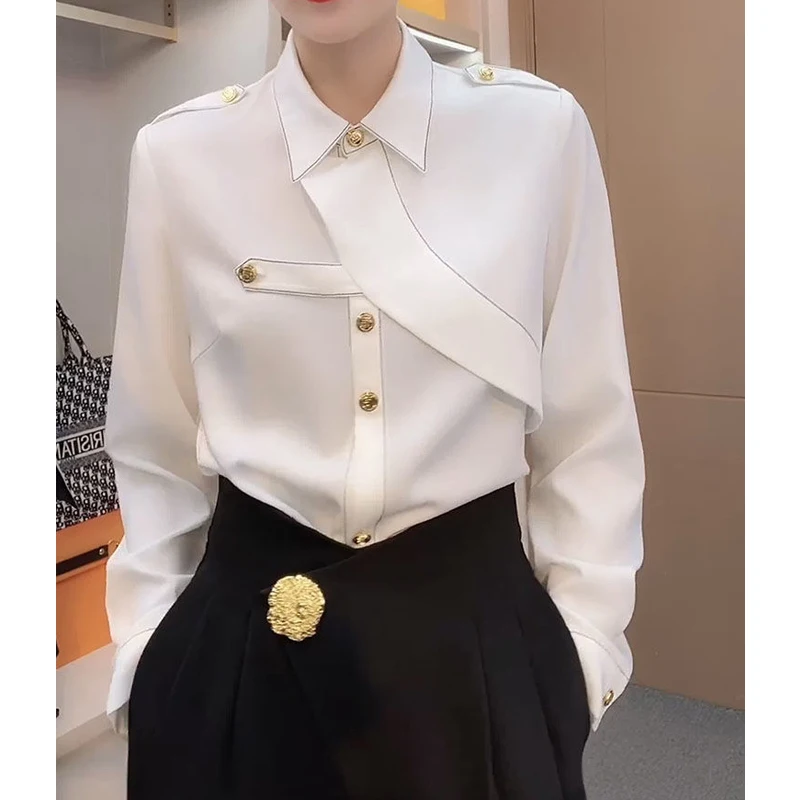 Women Korean Fashion Vintage Elegant Button Shirts Office Lady Asymmetrical Design Blouse Long Sleeve Tops Spring Autumn Blusas