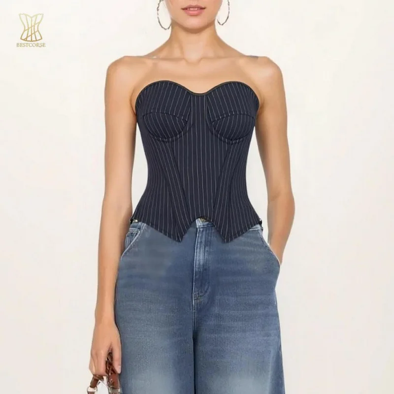 

New Summer Elegant Black Corset Top With Side Zipper Striped Strapless Crop Top With Bra Korset Bustier