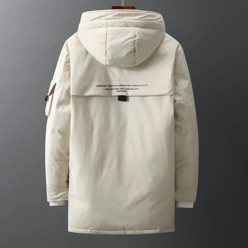 Inverno novos homens jaqueta de comprimento médio pato branco para baixo engrossar quente acolchoado jaqueta masculina moda casual tamanho grande com capuz parkas