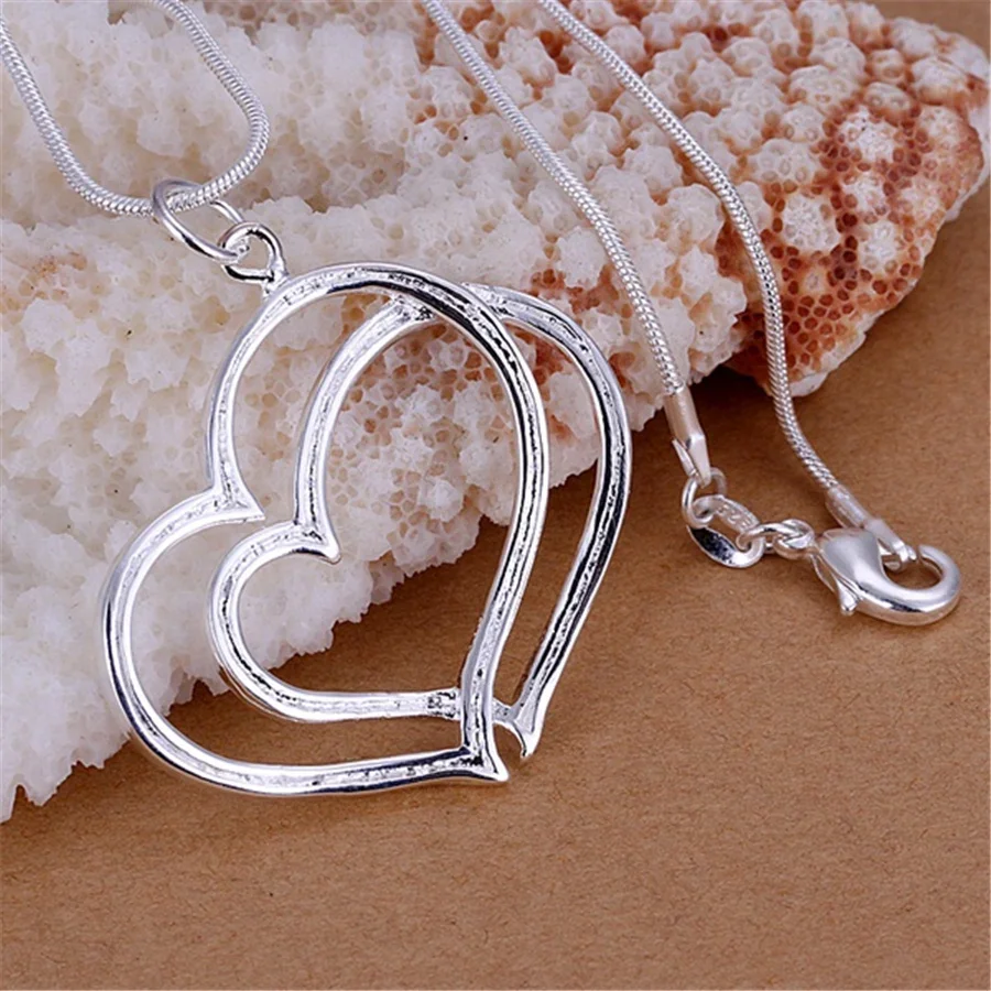 Classic 925 Sterling Silver romantic Double Heart Pendant necklace for women Fashion brands Jewelry Wedding party Holiday gifts