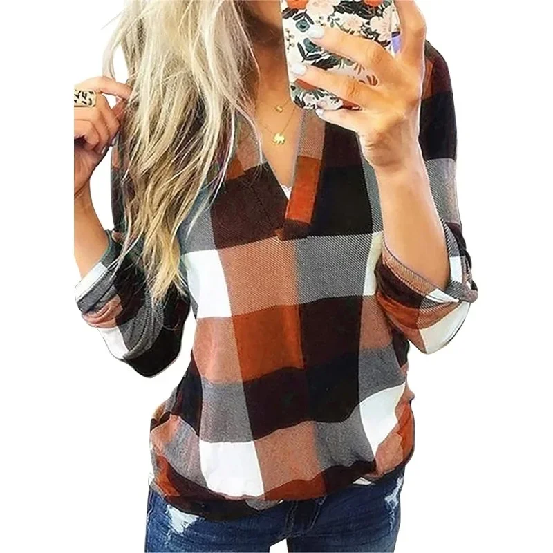 Shirt Womens Basic Casual V Neck Plaid Print Cotton Cuffed Long Sleeve Work Tops Blouses Shirts S-5XL