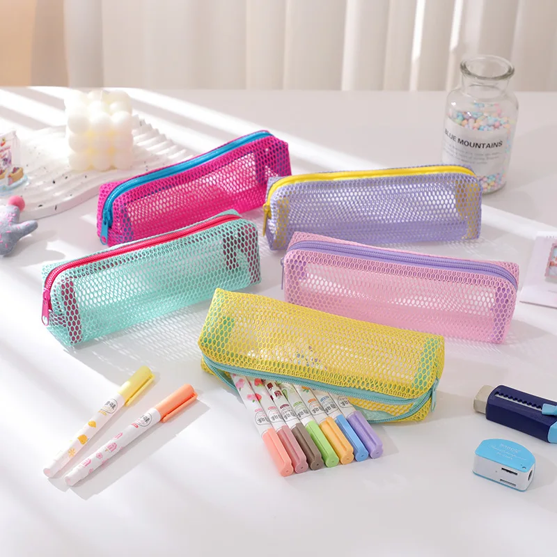 Cosmetic Brush Organizer Gift For Students Colorful Mesh Pencil Bag Large Capacity Stationery Storage Case