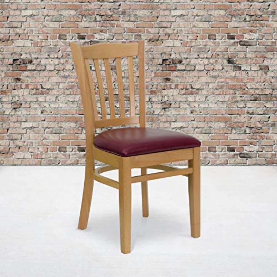 

2 Pack Vertical Slat Back Natural Wood Restaurant Chair with Burgundy Vinyl Seat Durable Wood Frame and Elegant Upholstered Sea