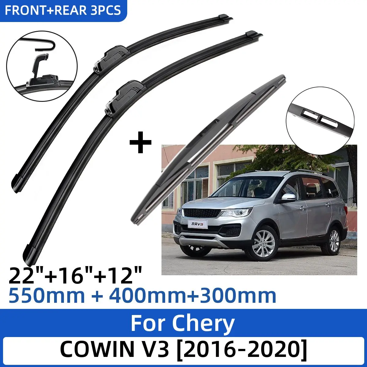 

3PCS For Chery COWIN V3 2016-2020 22"+16"+12" Front Rear Wiper Blades Windshield Windscreen Window Cutter Accessoies 2019 2020