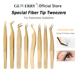 GEMERRY Eyelash Extension Tweezers With Fiber Tips Golden Stainless Steel High Precision Tweezer for Volume Fans Makeup Tools