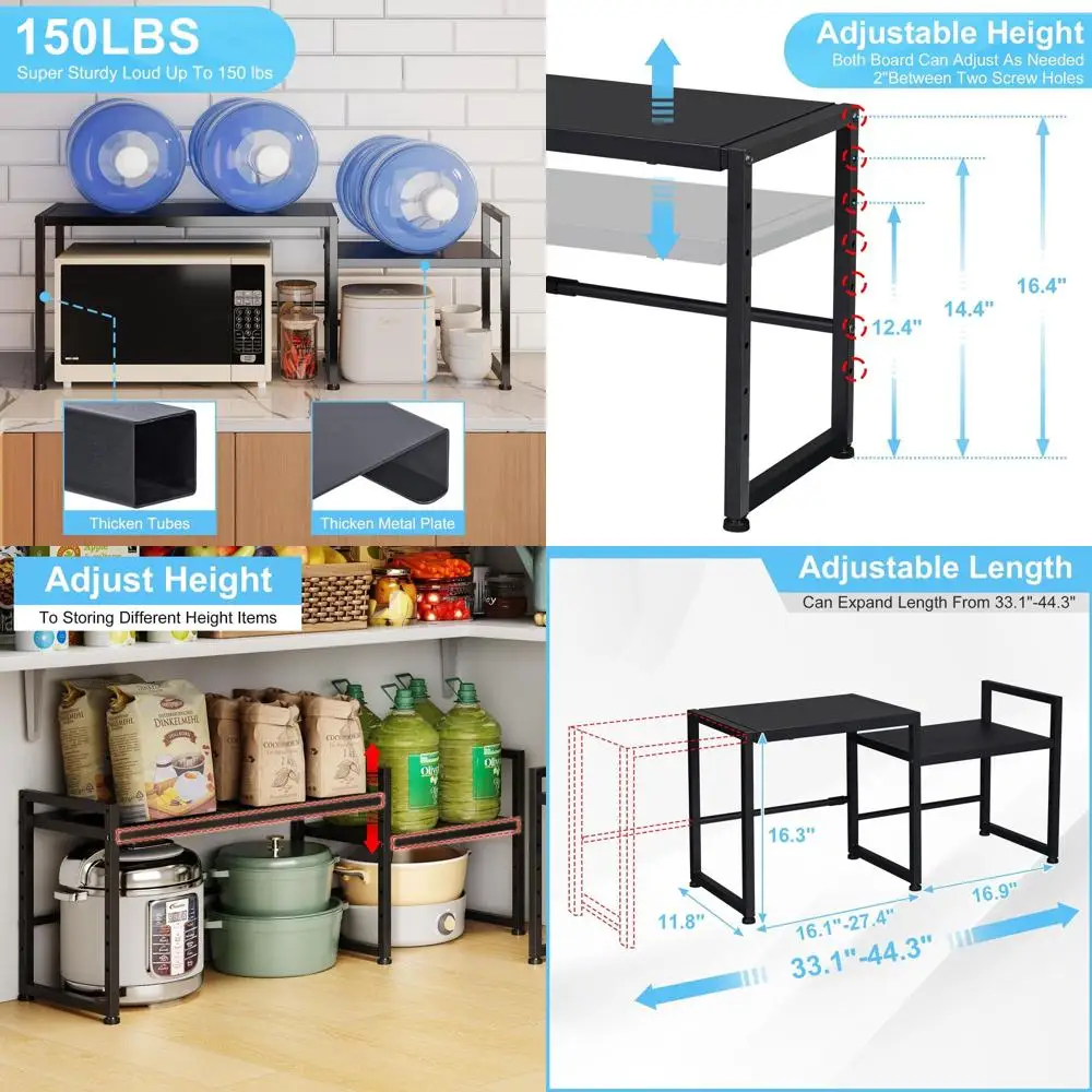 

Expandable Metal Storage Rack - 150 lbs Capacity, Adjustable Shelving for Kitchen, Garage, Pantry, and Closet Organization