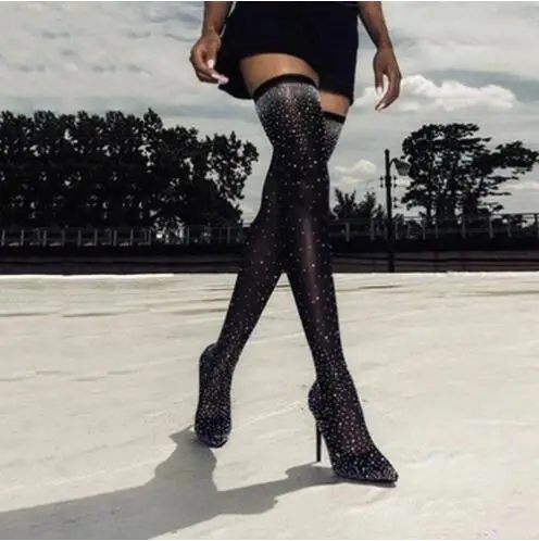 

Hot Woman Black Bling Crystal Rhinestone Pointed Toe Thin Heels Over The Knee Socks Boots Female Slim Thigh Long Stretch Botas