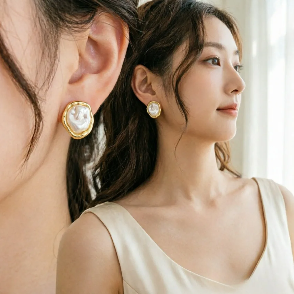 2026 New Geometric Irregular Round Metal Pearl Earrings for Women Minimalist Style Personality Fashion Jewelry Accessories Gifts