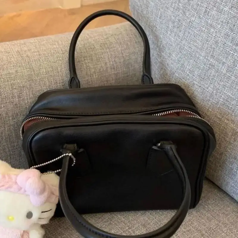 Bloom Retro Black Bowling Bags Purse Women New High Street Pu Leather Casual Y2k Hand Ladies Vintage Square Bag Aesthetic