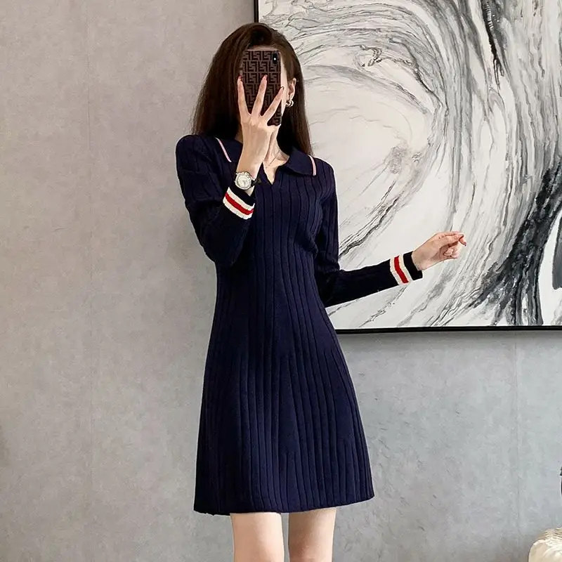 Autumn Winter Women\'s Vintage Striped Elegant Chic Slim Knitted Dresses Korean Fashion High Waist Long Sleeve A Line Midi Dress