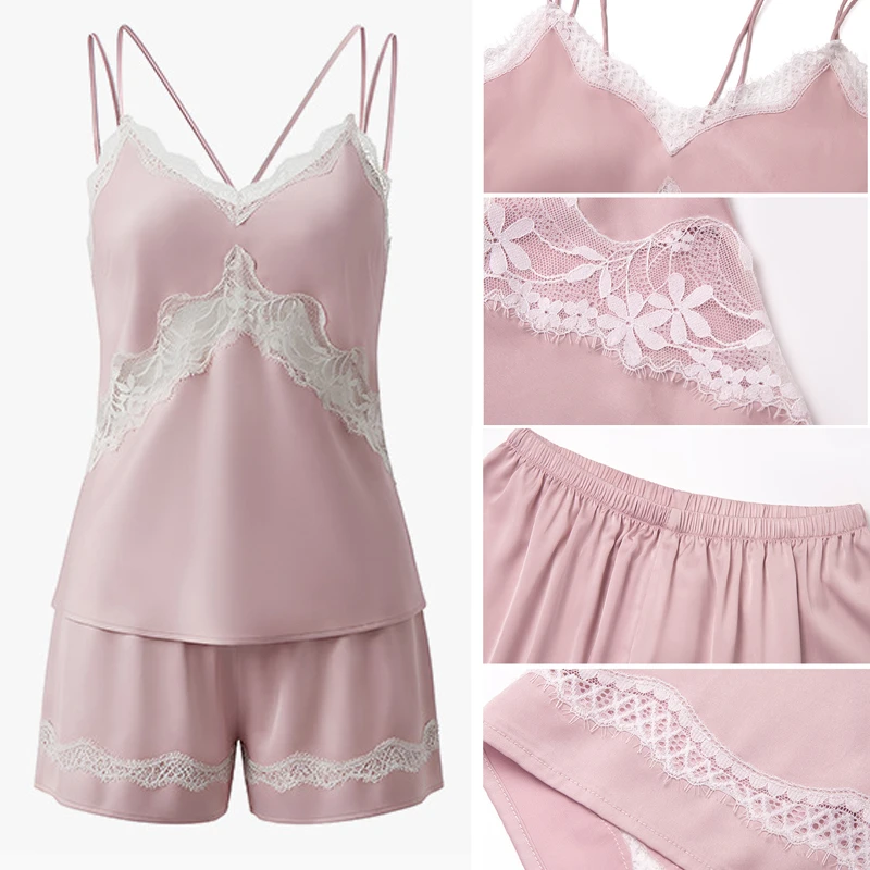 sexy-women's-pajamas-strap-top-shorts-new-luxury-silky-satin-sleepwear-pijama-high-quality-hollow-lace-nightwear-loungewear