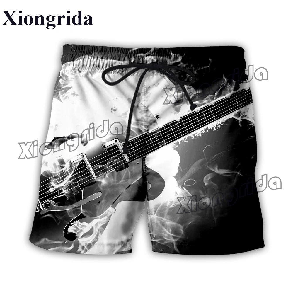 Summer Mens Guitar Print Shorts Guitar and Fire 3D Print Board Shorts Musical Instrument Beach Harajuku Swimming Trunks