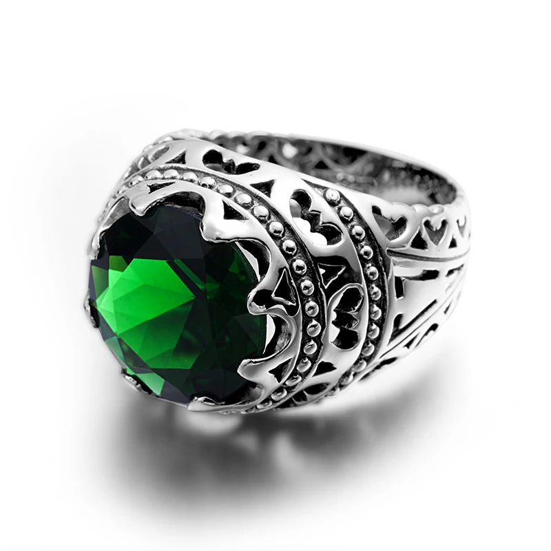 Handmade 13×13mm Round Simulated Emerald Unisex Ring, 925 Sterling Silver Vintage Turkish‑Style Gemstone Jewelry, Bold Statement Finger Ornament for Wedding Occasions, Nice Birthstone Present for Men & Special‑Day Celebrations