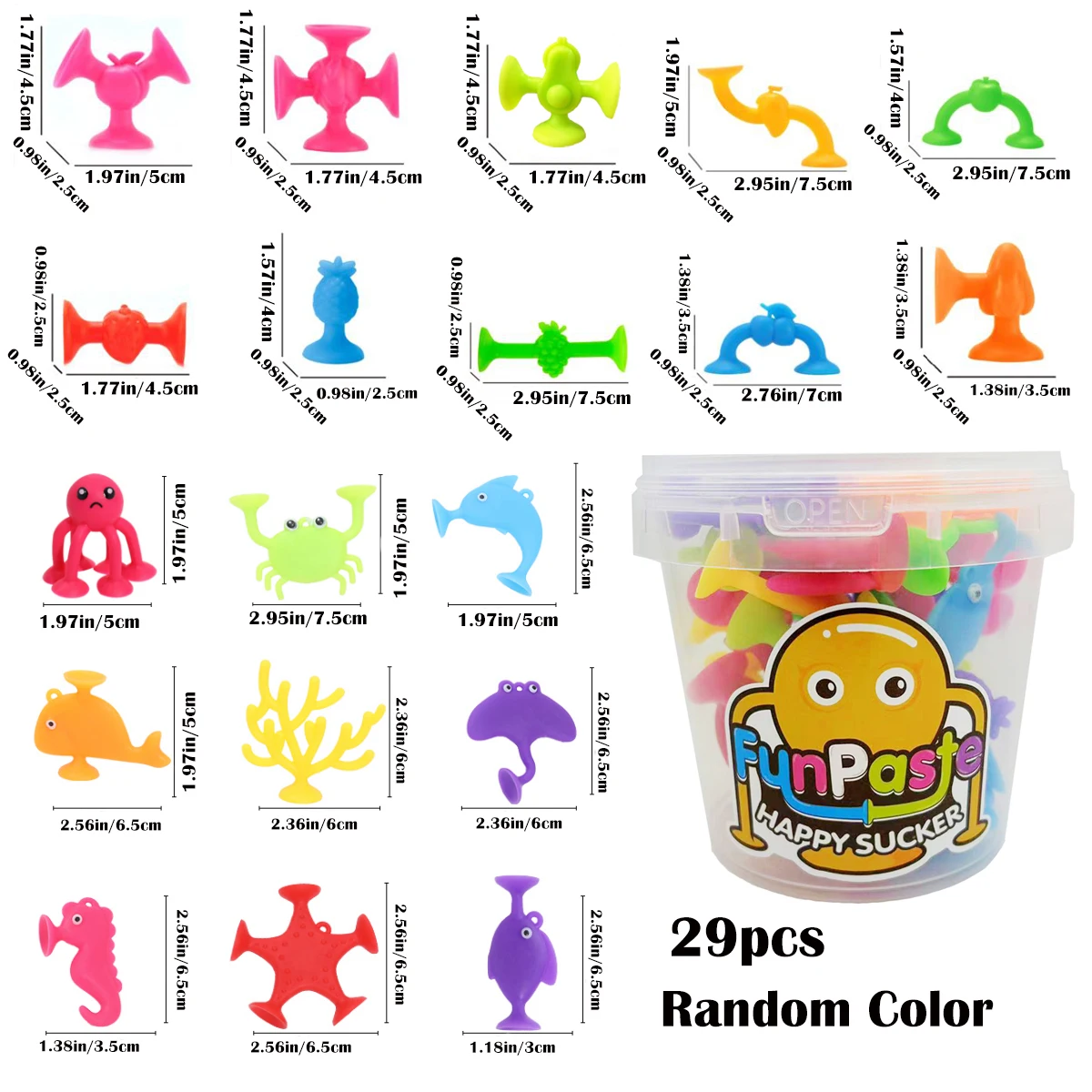 29pcs Sea Animals & Fruits Suction Cup Toys, With Bucket For Storage, Construction Toy For Kids, Bath Time And Travel  Toys