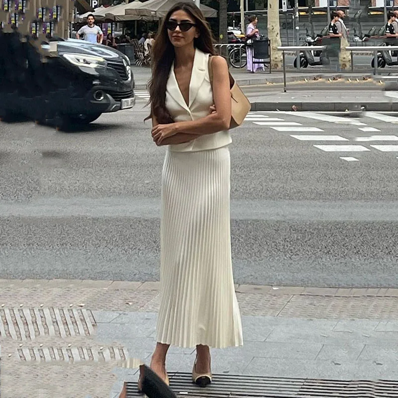 Work Office Lady Two Piece Skirt Set Summer Elegant Sleeveless Vest With High Wiat A Line Pleated Skirt Women Two Piece Dress