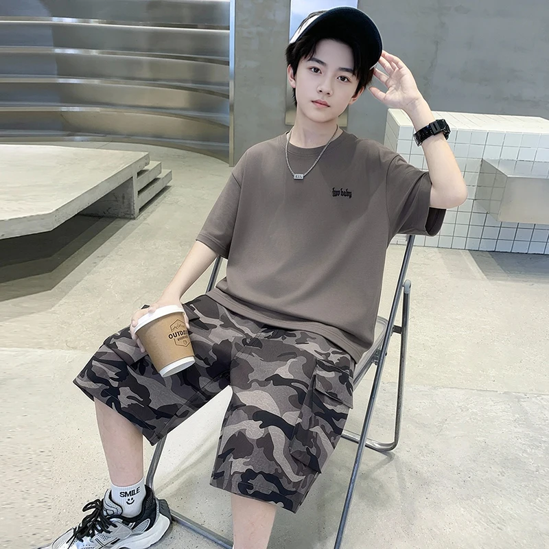 Kids New Summer Outfit for Boys Short Sleeve T-shirt Shorts Clothing Set Tweens Child Camouflage Top and Bottom Clothes Set