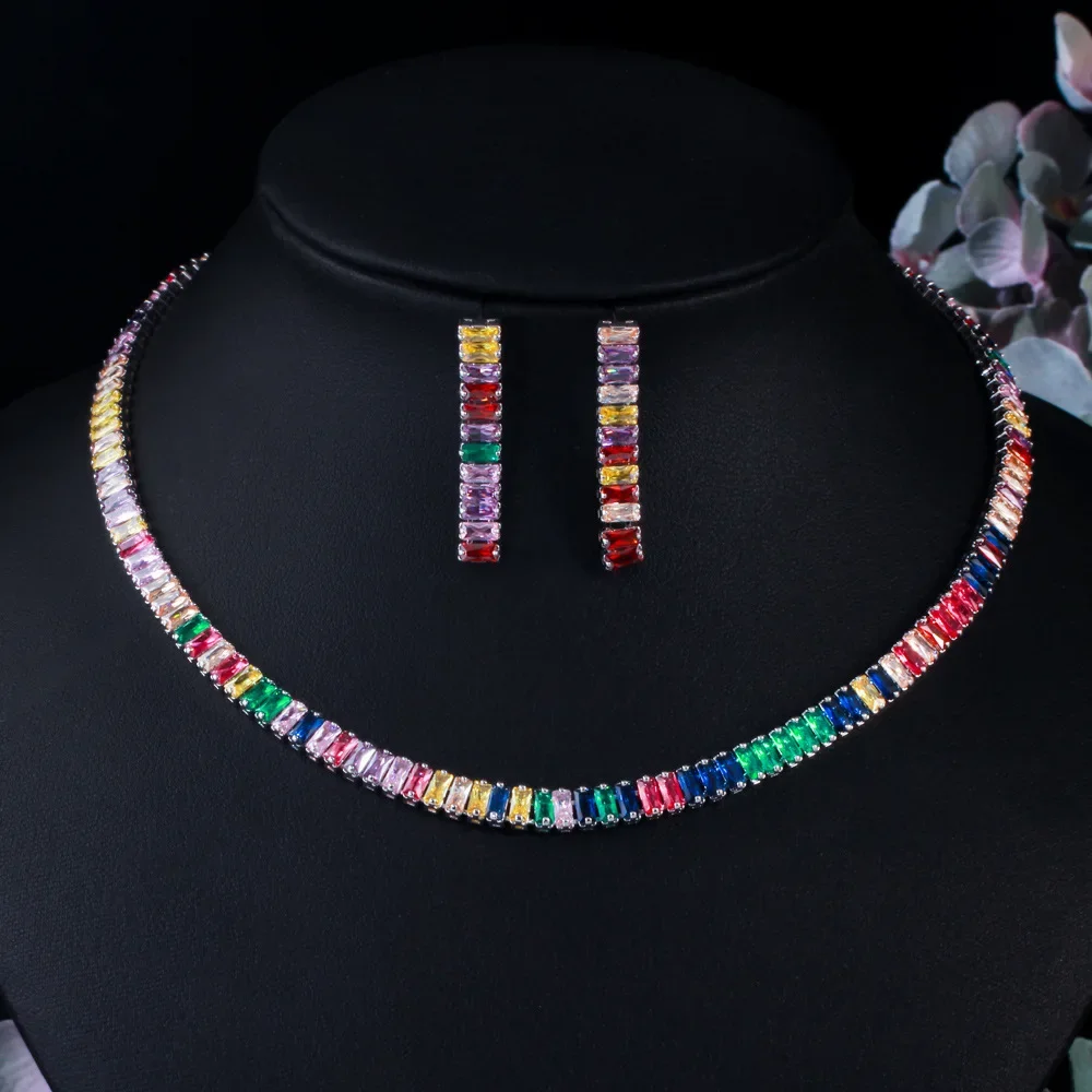 

Multicolor Rainbow Rectangle Cubic Zirconia Earrings 2024 Trend Necklace Sets for Women Trendy Party Boho Costume Jewelry