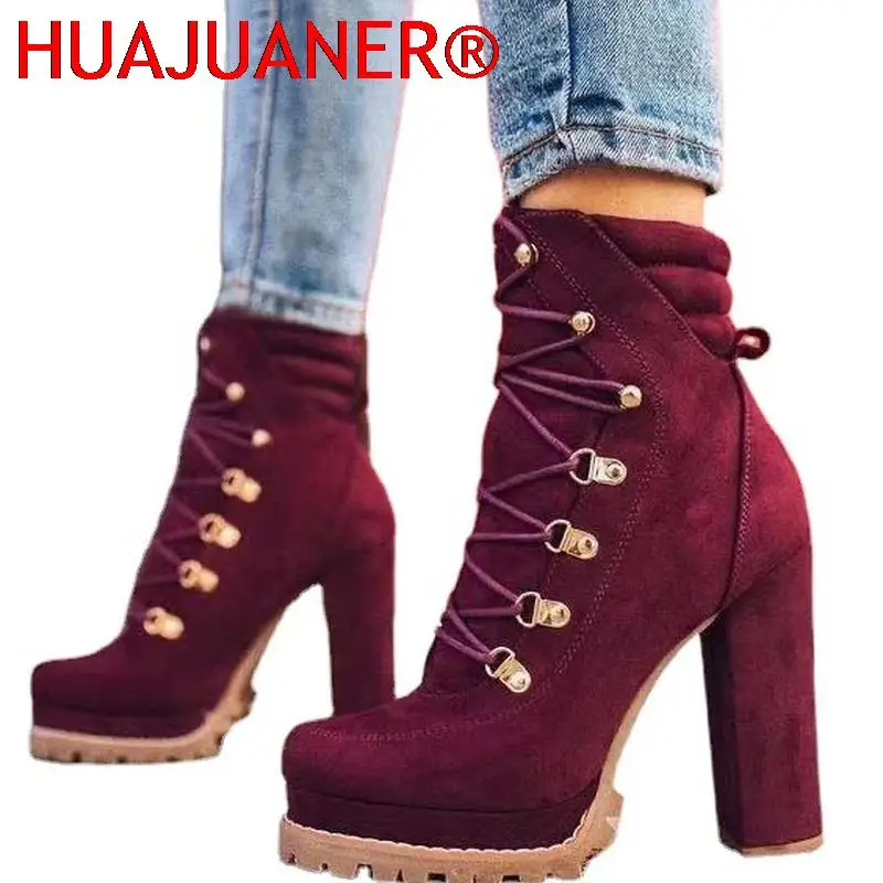 

Women Flock Rivet Ankle Boots Female Square High Heels Autumn Fashion Sexy Lace-Up Shoes Ladies Retro Footwear Plus Size 35-43