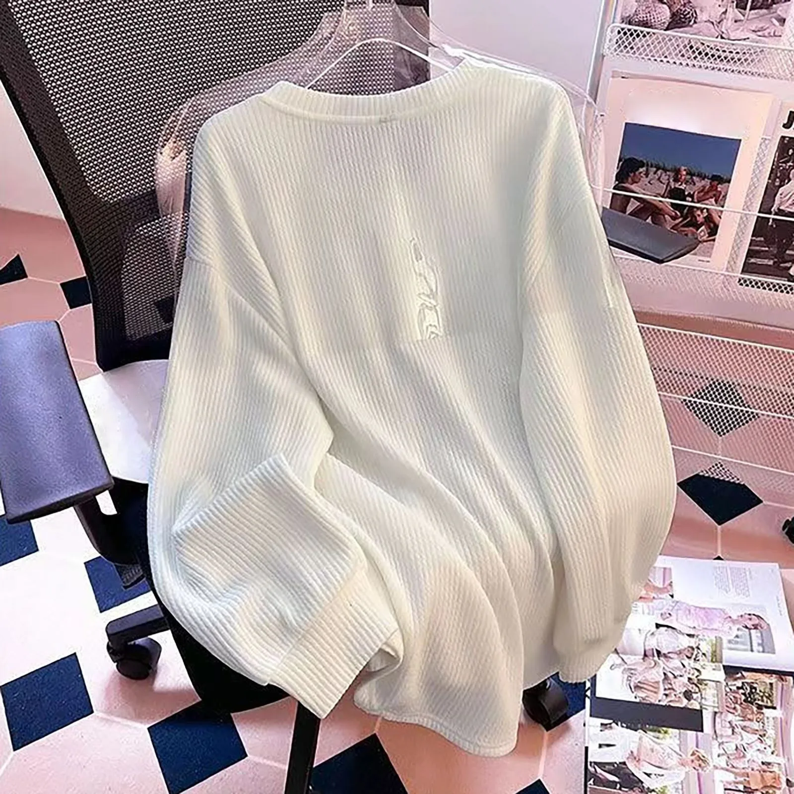 Solid Color Sweatshirts Women V-neck Long Sleeve T-shirt Loose And Comfortable Base Shirt Slouchy Pullover Korean Simple Hoodies