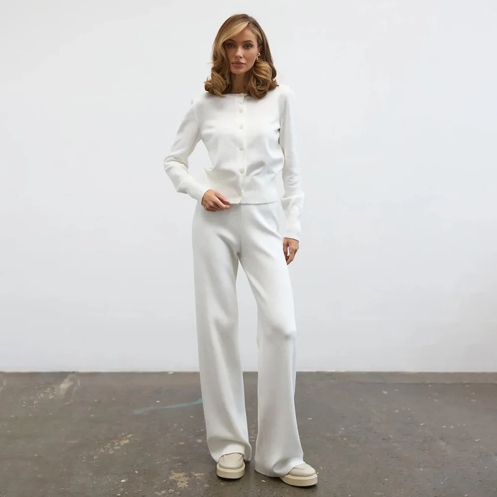 Casual O-neck Knit Cardigan Wide Leg Pants Suit Autumn and Winter Women Trend Slim Thick Warm Single Breasted Jacket Pants 2Pcs
