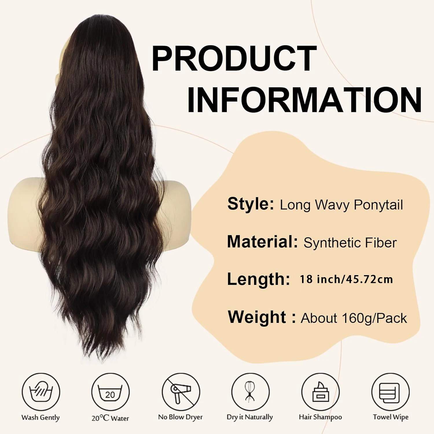 Ponytail Extension, 18/26/30 Inch Long Wavy Drawstring Ponytail for Women Dark Brown Pony Tail Hair Extension Synthetic image 3