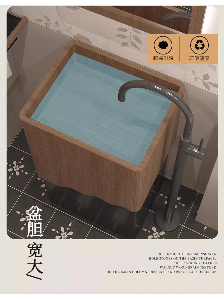 

Средневековая раковина-тумба в стиле ваби-саби с эффектом песчаной стирки, интегрированная в напольный шкаф, с отделкой под дерево, с художественной травертиновой колонной-подставкой для раковины