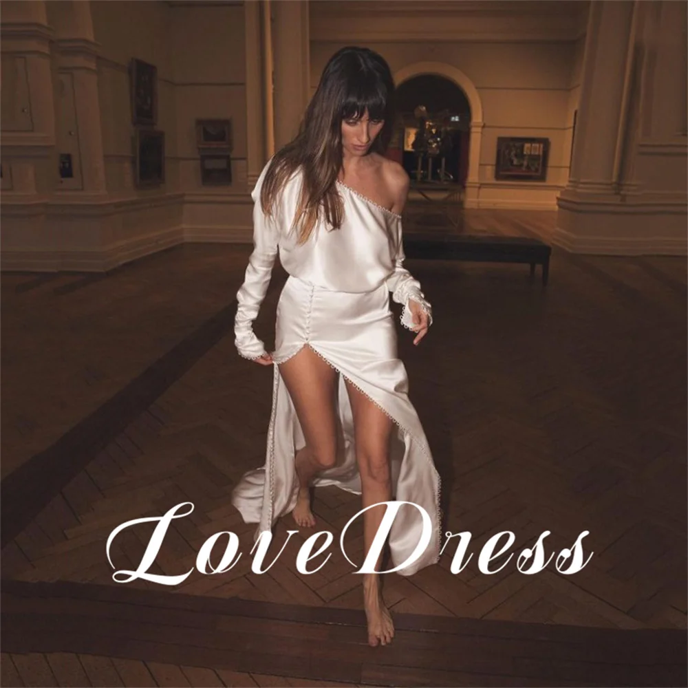 Love-Vestidos de novia elegantes de manga larga con cuello Barco, ropa suave con manchas, exquisita abertura lateral alta, botones, largo hasta el suelo