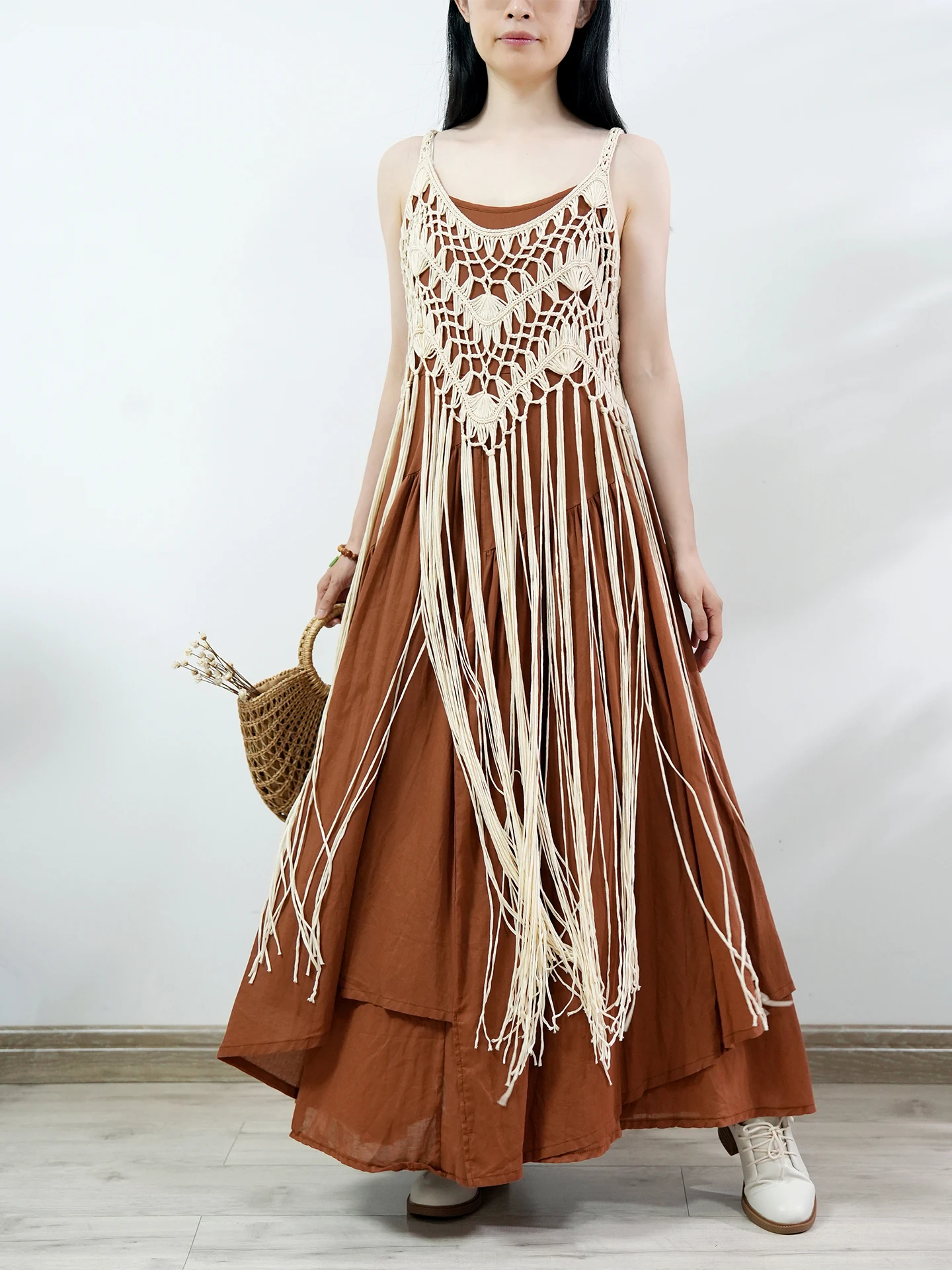 

TIYIHAILEY Summer Women Knitting Dresses Beige Loose Ladies Clothing Fashion Long Mid-calf Tassels Strap Sleeveless 2025 New