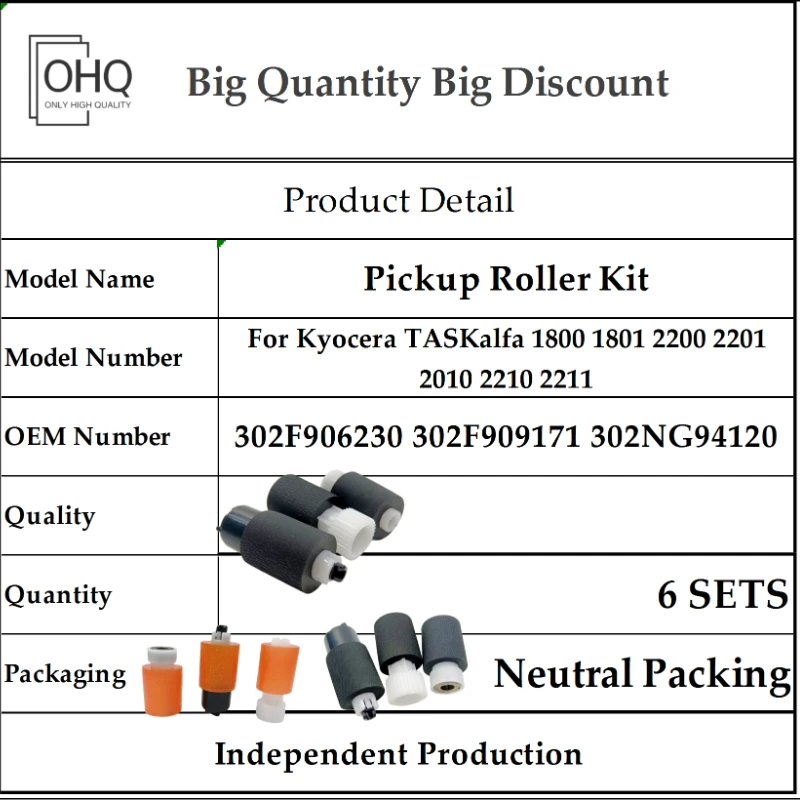 Kit de Rolos de Recolha 6X 302NG94120 para Kyocera 302F906230 302F909171 TASKalfa 1800 1801 2200 2201 2010 2210 2211 Peças de Impressora OHQ