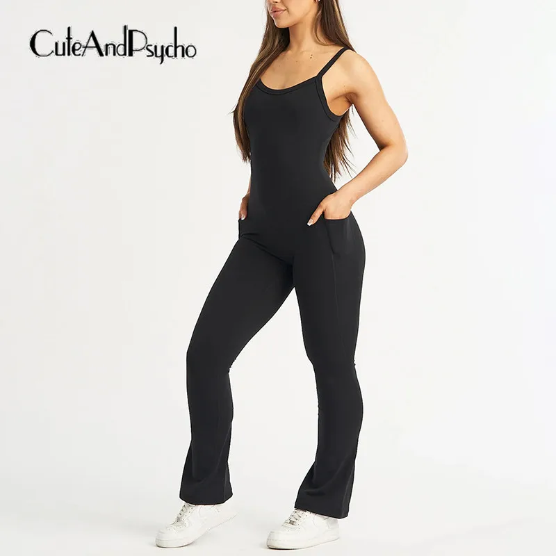 

Cuteandpsycho Casual Solid Skinny Jumpsuits Chic Pockets Sporty Pants Outfits Streetwear Crewneck Long Sleeves Basic Bodysuits