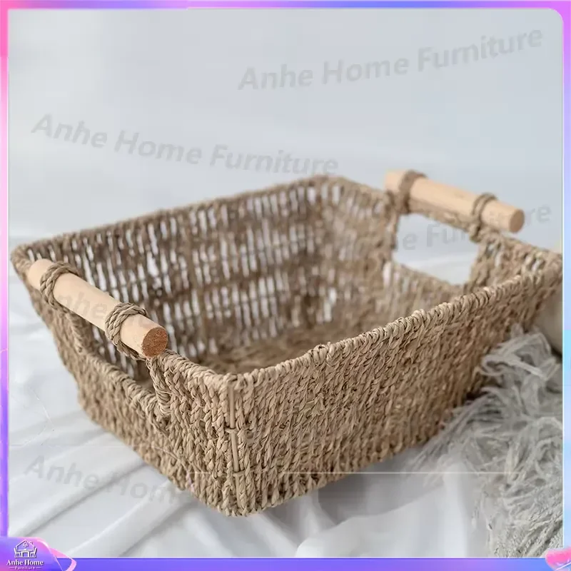 Seagrass Woven Storage Basket Square Desktop Organizer for Cosmetics Toys Snacks Sundries Natural Handmade Home Decor Box