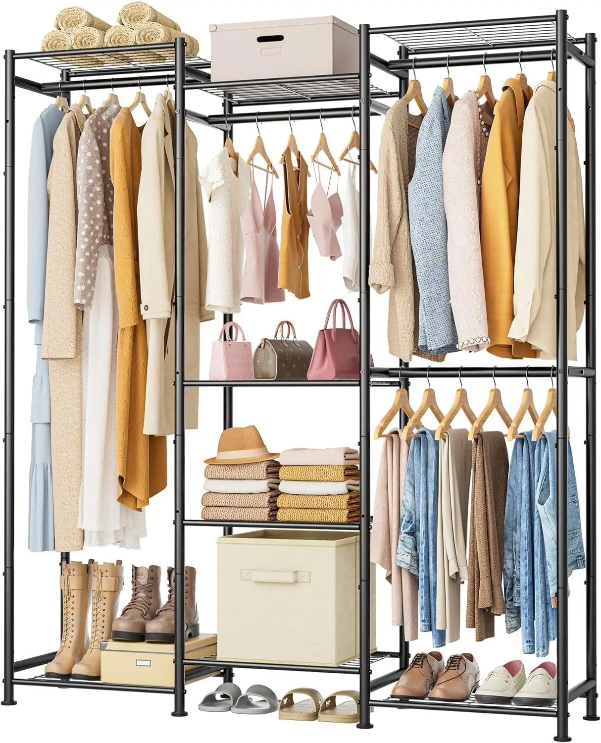 

Portable Wardrobe Closet with 4 Hanging Spaces, Free Standing Organizer for Bedroom and Cloakroom, Black